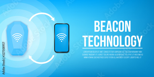 Creative vector illustration of beacon technology, office radar, wifi wireless concept background. Design beacon home device template. Abstract remote access and communication, data wifi transfer.