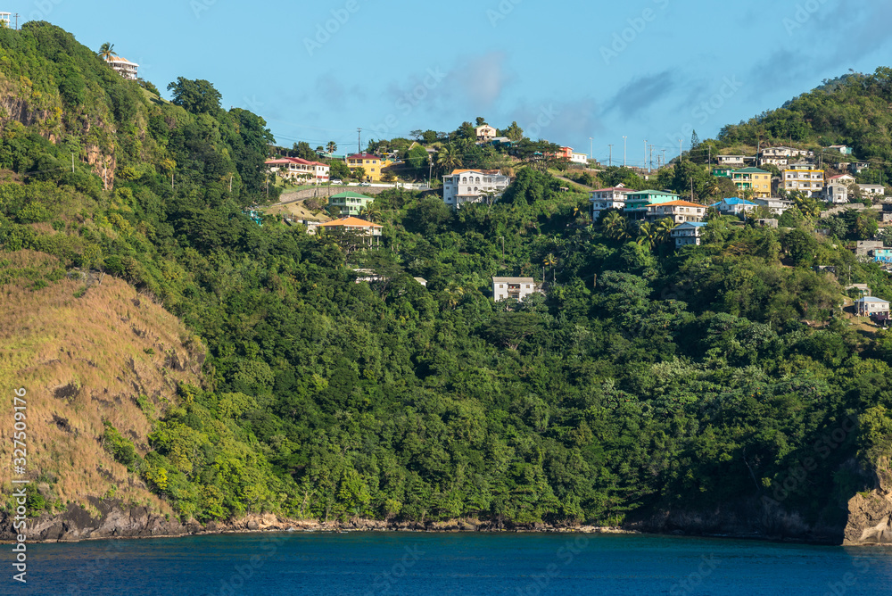 Coastline view with lots of living houses on the hill, Kingstown, Saint Vincent and the Grenadines
