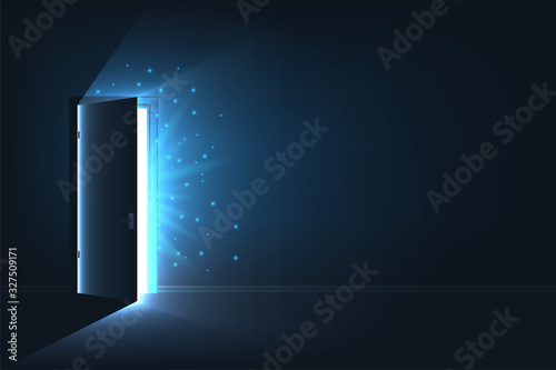 Creative vector illustration of open door light in dark room. Art design glowing exit open door template. Abstract concept finding of freedom, hope, possibilities, shining light, daring choice.
