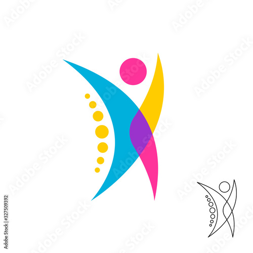 Stylized human figure logo with spine dots symbol. Colorful overlay style chiropractic sign.