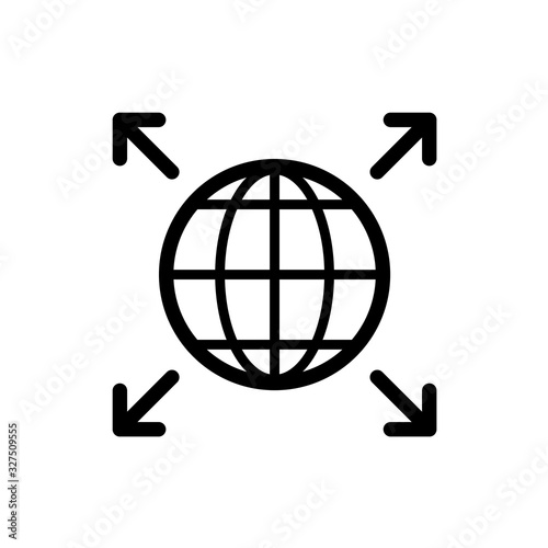 Word expansion icon. Earth globe symbol with four corner arrows. Grow over the world.