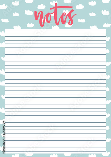 Cute A4 template for notes with lettering and pastel background with clouds. Vector print ready organizer and schedule with lined page. Trendy self-organization concept illustration for 2020.