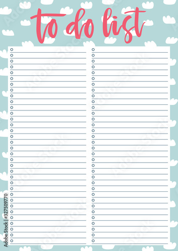 Cute A4 template for To Do List with lettering on decorative pastel background with clouds. A4 print ready organizer with lined page and check boxes. Trendy self-organization concept for 2020 year.