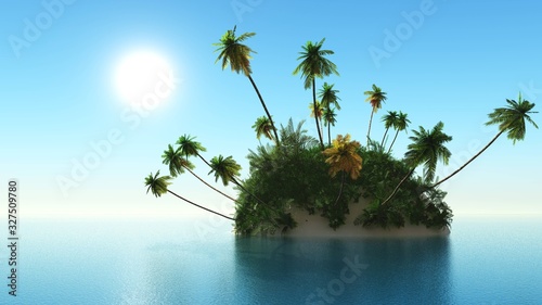 Tropical island with palm trees over the sea at sunset, palm trees and the sea, island over the ocean,