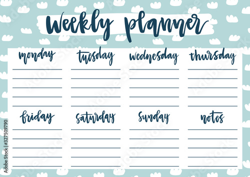 Cute weekly planner for 2020 year on pastel background with clouds. A4 print ready template for weekly and daily planner with lettering. Organizer and schedule with notes. Self-organization concept.