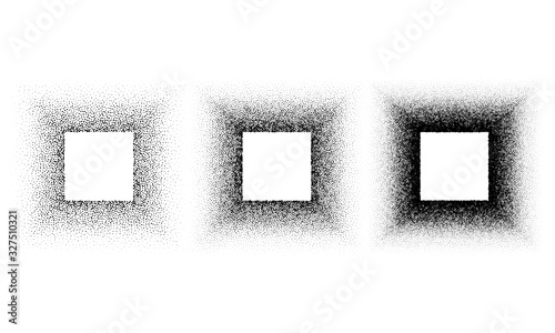 Grunge spray stencil square frames. Gradient ink splatter dots template. Cube graffiti black halftone stencils border isolated on white. Vector illustration