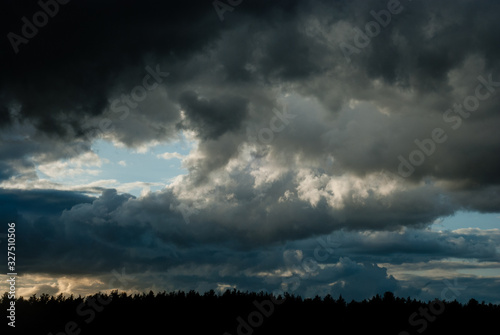 Dramatic sky over the forest. Cloudy evening sky