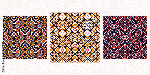Set of 3 seamless patterns tribal design. Ethnic textile prints. Vector fashion backgrounds.