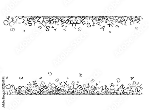 Stripe of casual letters fly on white background. Abstract backdrop with alphabet. Random black letters pattern. Strip with mix of chance Latin ABC. Vector illustration, texture for banner design.