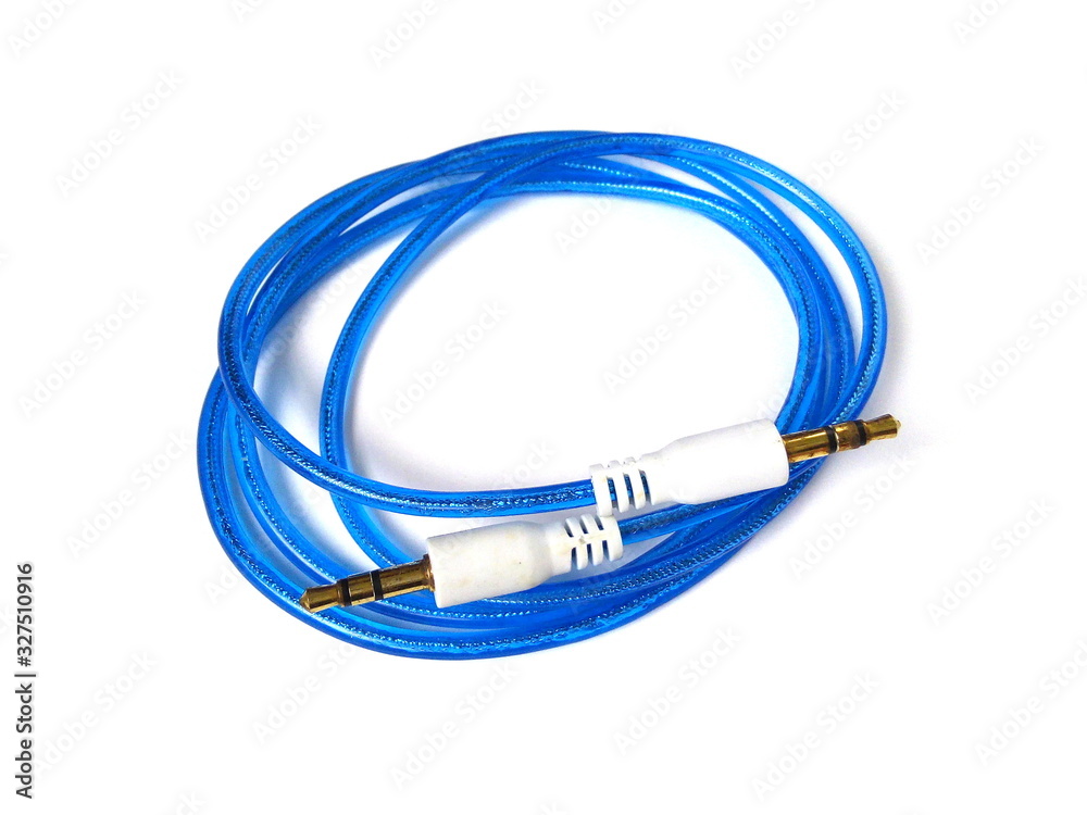 Gold jack audio connector with blue cable isolated on white background. Audio equipment. Gold jack audio connector with blue cable isolated on white background. Audio equipment.