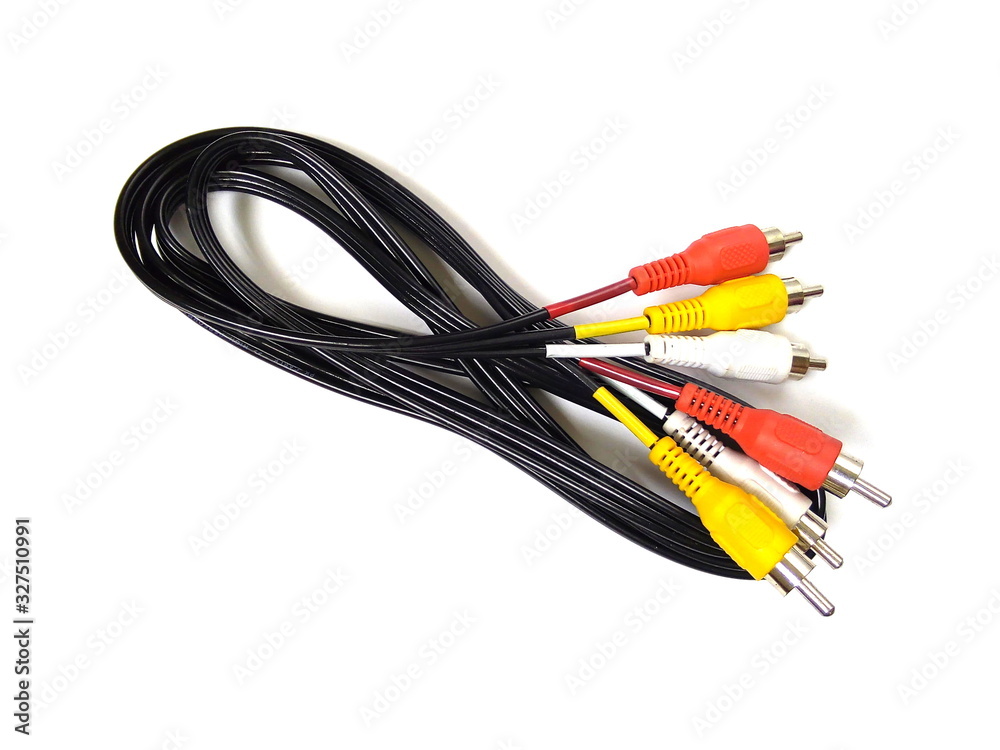 Close up of audio and video connector with black cable isolated on white background. Audio equipment.