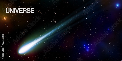 Universe infinite space background with glowing stars and meteorite with illusion of depth and perspective vector illustration. Sparkling stars of nebula. Abstract futuristic hyperspace universe.