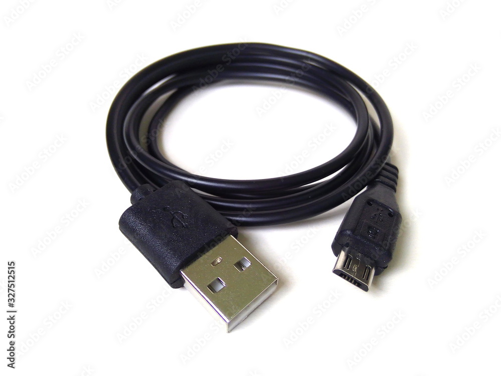 Close up of USB to micro USB cable connector isolated on white background. USB cable for mobile phone and tablet.