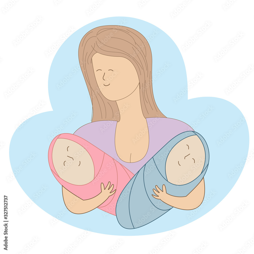 Greeting card mothers day hand drawn. Mom holds two babies. Greeting card mothers day hand drawn. Mom holds two babies.