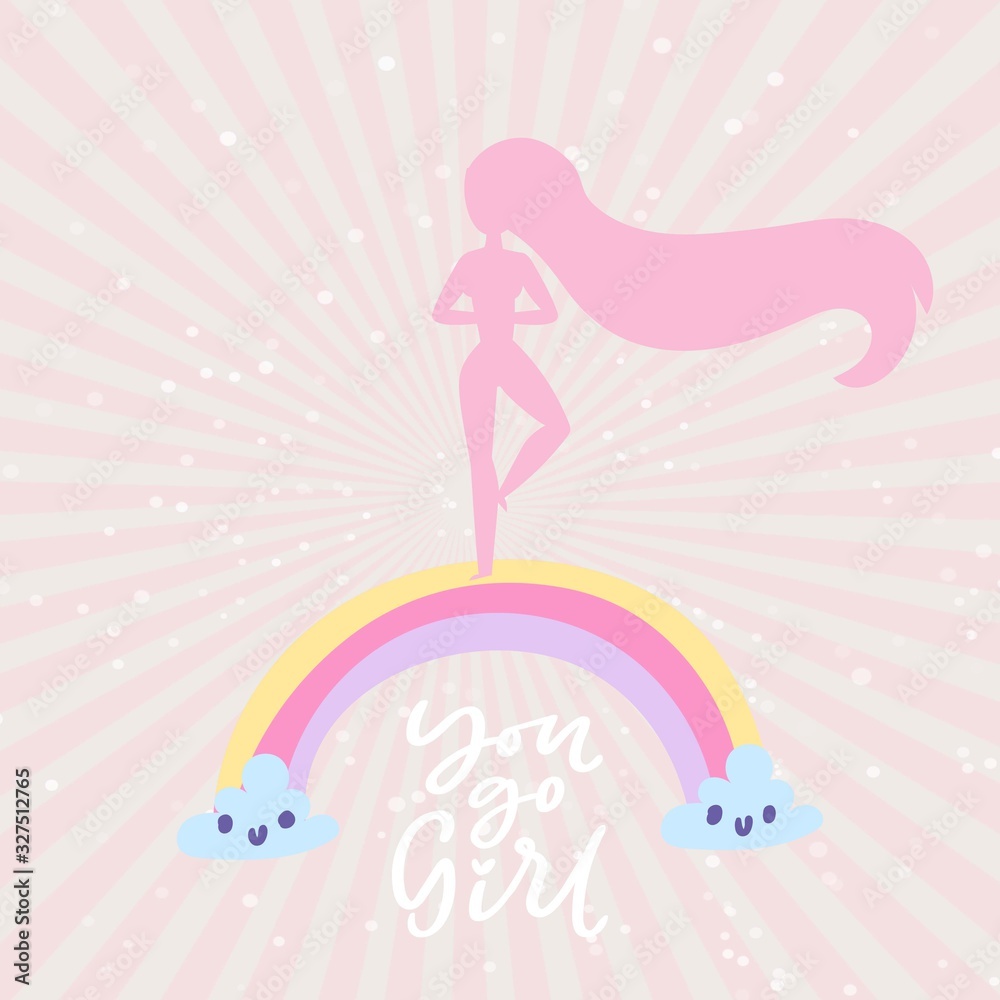 Φωτογραφία Girl silhouette of a women on pink background with rainbow for Women s Day and you go girl lettering vector illutration