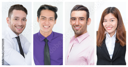 Happy successful business professionals shot collage. Happy young men and women of different races smiling at camera. Multiscreen montage, split screen collage. Studio portraits concept