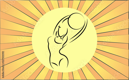 Linear circular icon of a woman doing aqua aerobics on a background of abstract yellow rays. Vector illustration