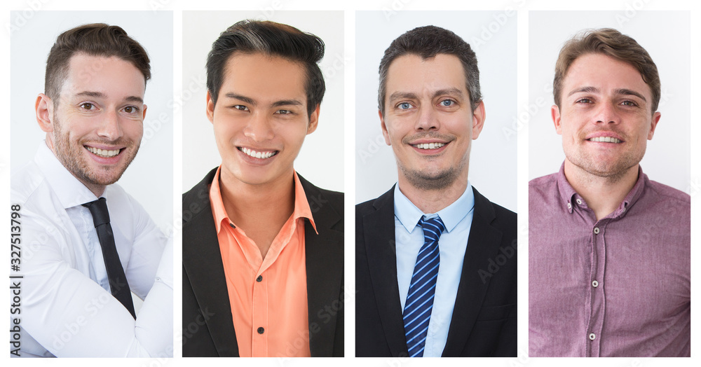 Happy confident startup leaders studio shot collage. Positive men of different races and ages smiling at camera. Multiscreen montage, split screen collage. Studio portraits concept Happy confident startup leaders studio shot collage. Positive men of different races and ages smiling at camera. Multiscreen montage, split screen collage. Studio portraits concept