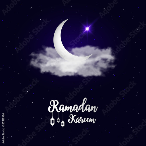 Holy month of Ramadan Kareem background with crescent moon  clouds and star. Muslim holiday card with calligraphy text and lantern Fanus. Vector illustration.