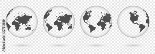Transparent Earth globes from different sides with shadow. World map globe symbols set isolated on transparent background. Vector illustration.