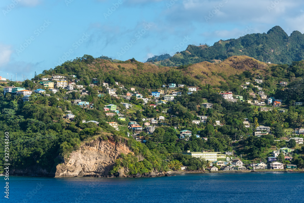 Coastline view with lots of living houses on the hill, Clare Valley, Saint Vincent and the Grenadines