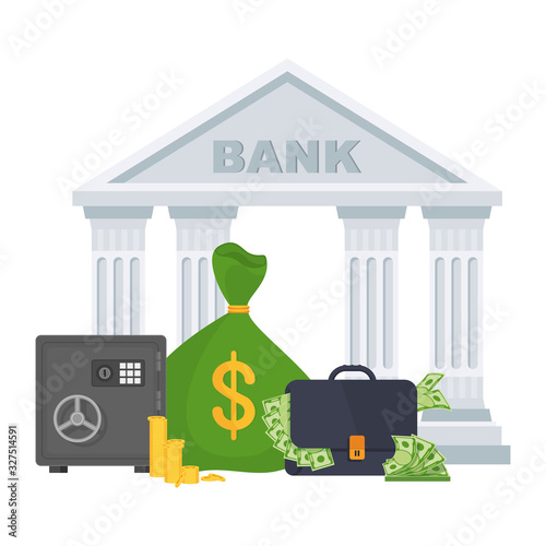Bank building and a suitcase with money and a safe.