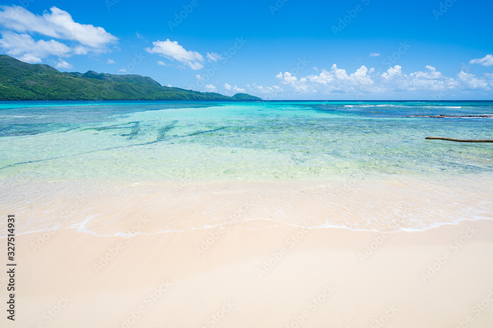 tropical white sandy beach in Rincon, sunny day in Samana peninsula,Dominican Republic