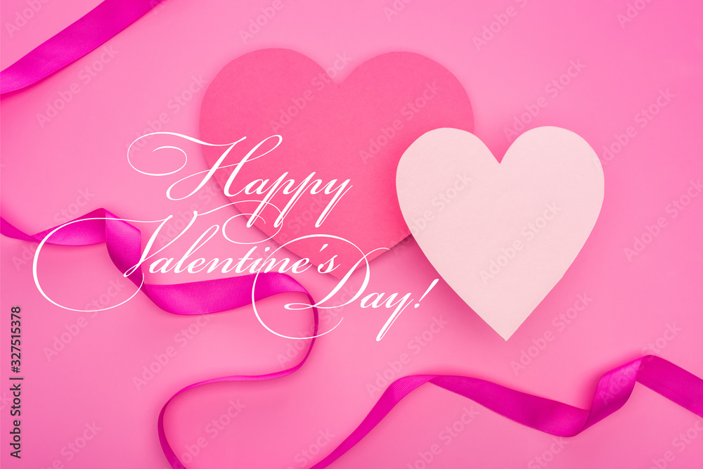top view of empty paper hearts with ribbon isolated on pink with happy valentines day illustration