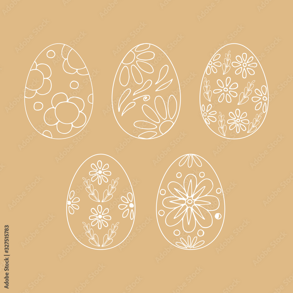 Easter set of eggs decorated with flowers, patterns and leaves. Line art style. Stock illustration. White eggs on a beige background. Easter set of eggs decorated with flowers, patterns and leaves. Line art style. Stock illustration. White eggs on a beige background.