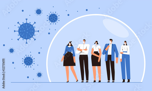 Group of people is standing in a protective bubble. Young men and women in medical masks are protected from the 2019-nCoV flying coronavirus. The concept of the fight against the new virus COVID-2019