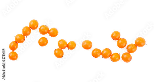 Sea buckthorn berries isolated on a white background, top view.