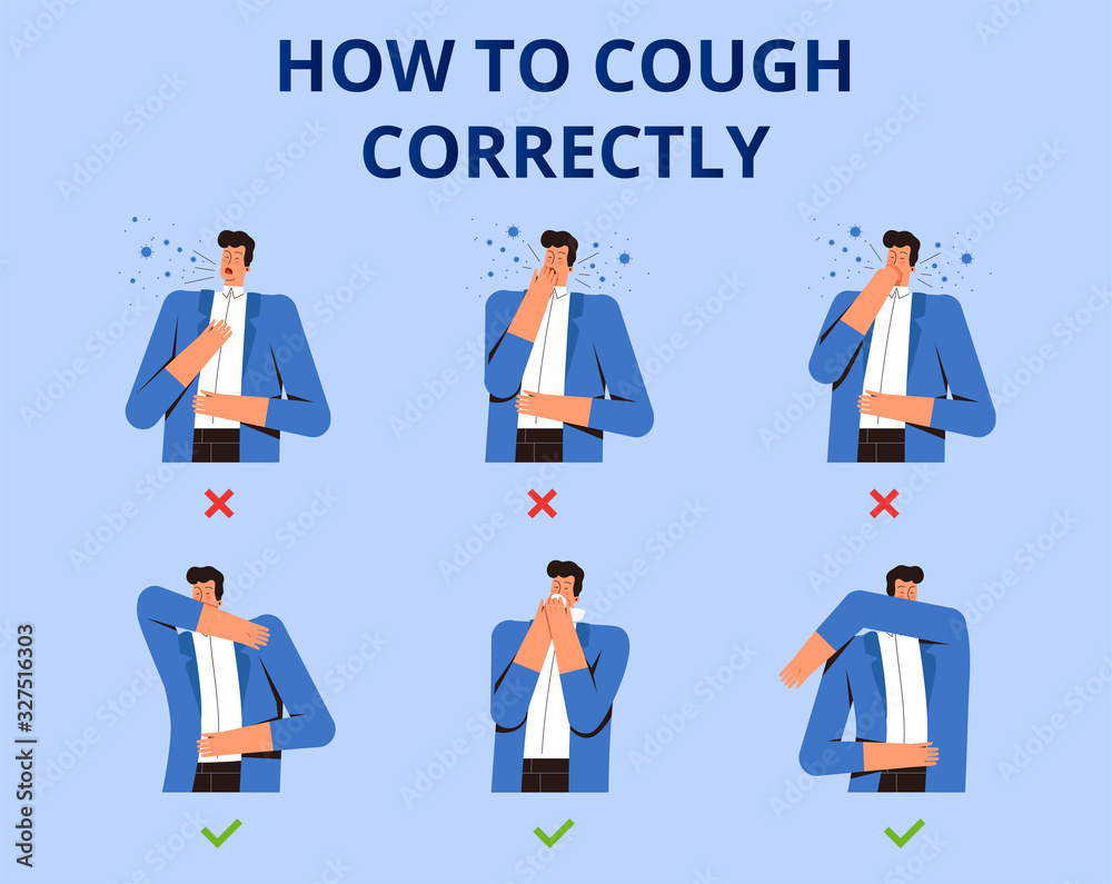 Poster how to cough correctly. Poses and methods of coughing so as not to spread viruses and bacteria. Protection against the new coronavirus 2019-nCoV Poster how to cough correctly. Poses and methods of coughing so as not to spread viruses and bacteria. Protection against the new coronavirus 2019-nCoV