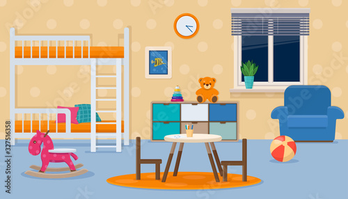 Childrens bedroom interior with furniture and toys