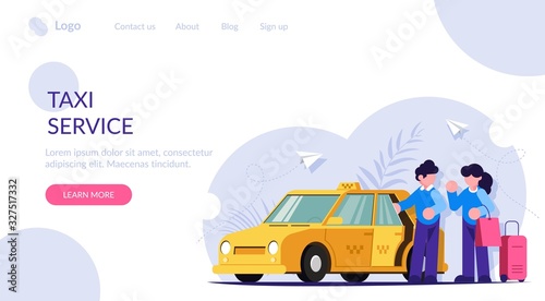 The taxi driver helps the girl with the luggage. People stand near a yellow car. Modern flat vector illustration. Landing web page template.