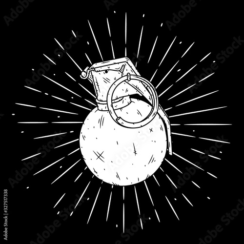 Grenade. Hand drawn vector illustration with a grenade and divergent rays. Used for poster, banner, web, t-shirt print, bag print, badges, flyer, logo design and more.