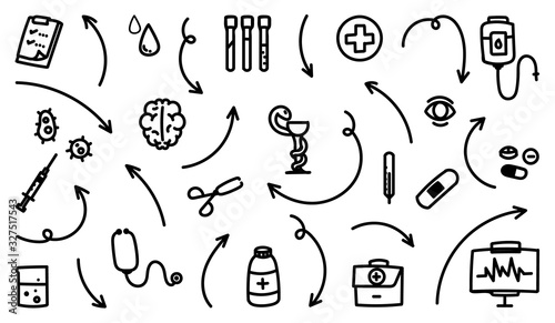 Hand drawn Health and medical care doodle design, Arrows and business sign Vector icon collection.