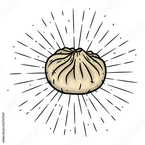Vector illustration with dumplings and divergent rays. Used for poster, banner, web, t-shirt print, bag print, badges, flyer, logo design and more. Dumplings.
