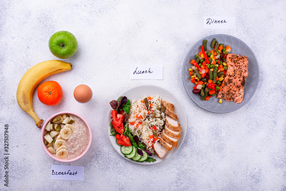 Breakfast, lunch and dinner. Day menu Stock Photo | Adobe Stock