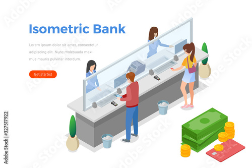 Isometric Cashdesk with People and Money Coins Bank Card icons vector illustration. Cashier operates with visitors at Bank cahs-desk