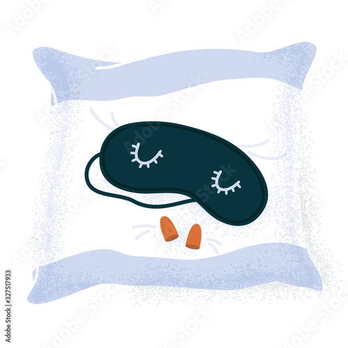 Sleeping mask and ear plugs lying on a pillow, good night sleep essentials, flat cartoon vector illustration isolated on white background. Pillow, eye mask and earplugs for comfortable sleep