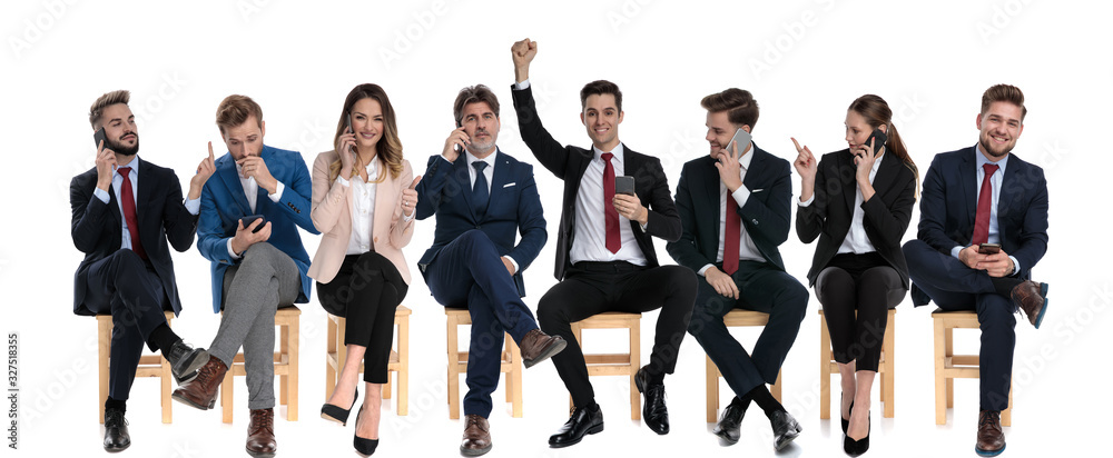 8 businessmen reading, talking and writing on their phones, 8 businessmen reading, talking and writing on their phones,