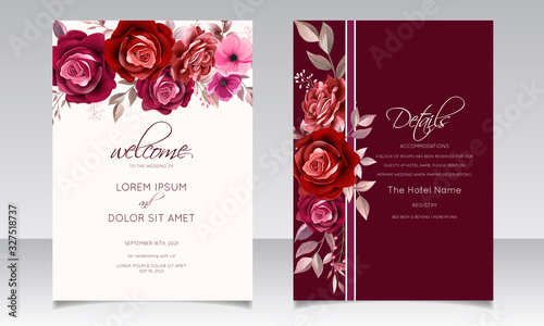 Elegant wedding invitation card template design with maroon rose flower and leaves