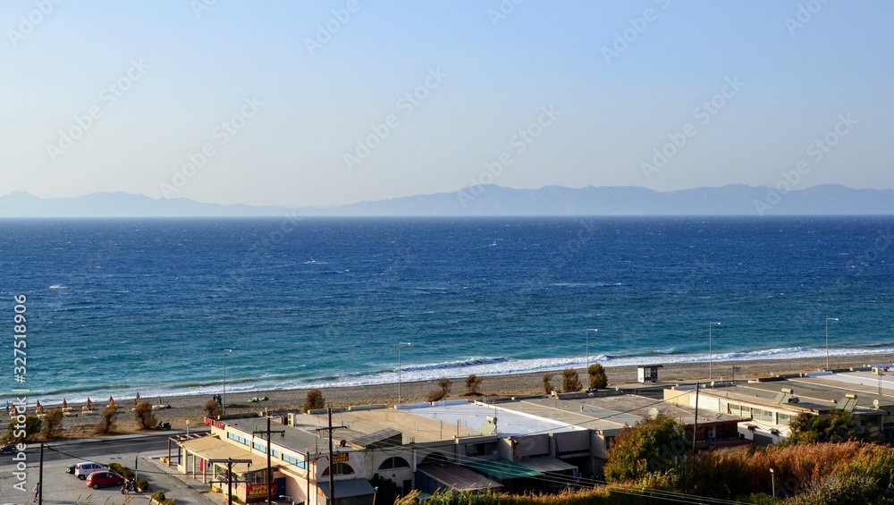 West coast of Rhodes island, panoramic view. Beautiful scenery of north-west coast of Rhodes, Ixia.