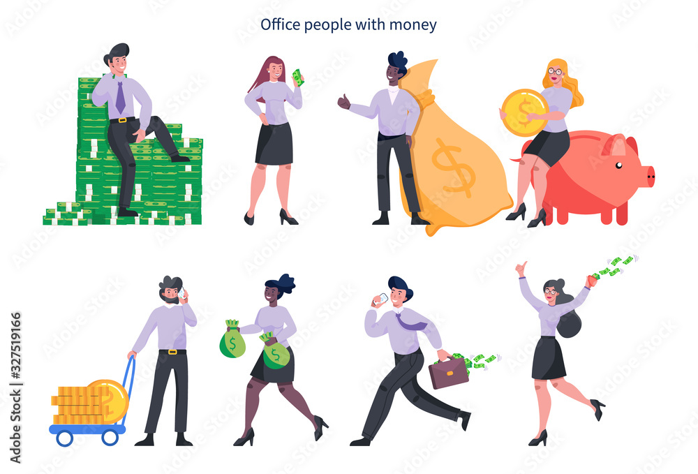 Set of business woman and man with money. Happy successfull people