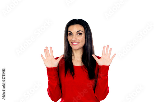 Attractive mature woman wearing red jersey