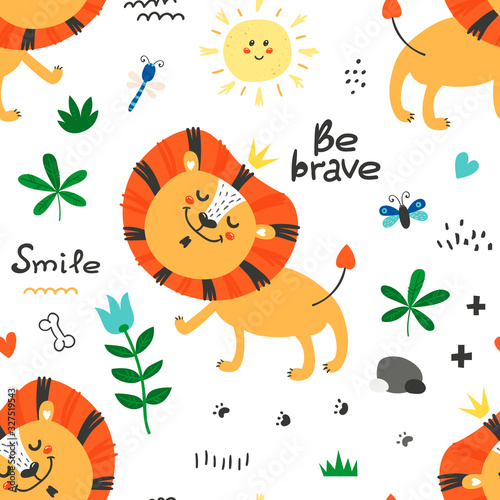 Seamless pattern with cute lions