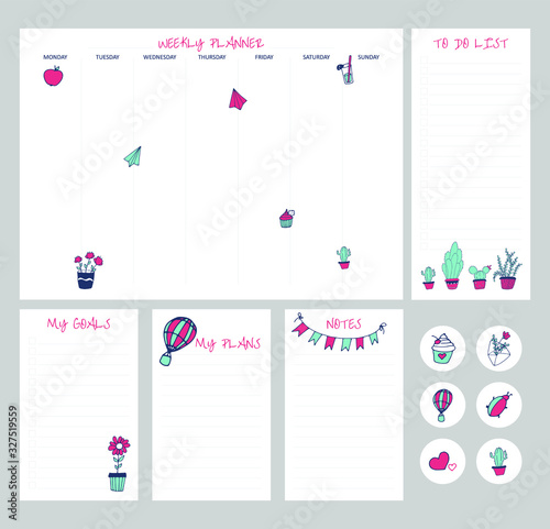  Set of planners with cute design. Weekly planner, to do list, my goals, notes, planes, sticker