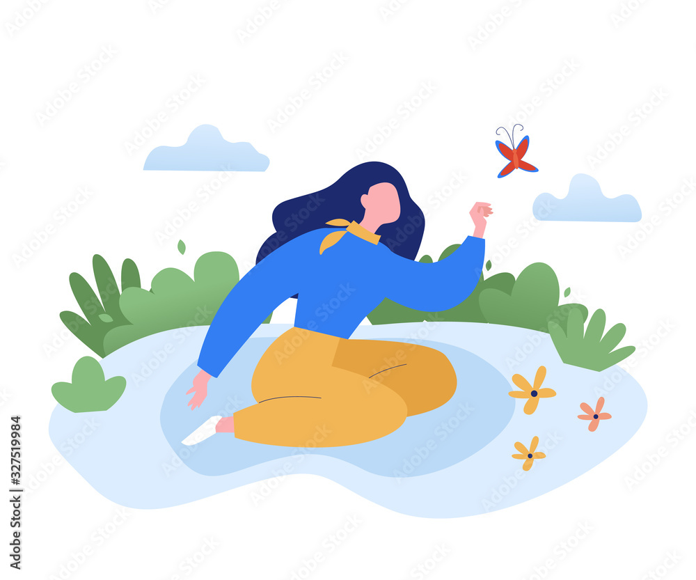 Woman sitting on the lawn in the park with a flying butterfly. Spring modern flat vector concept illustration
