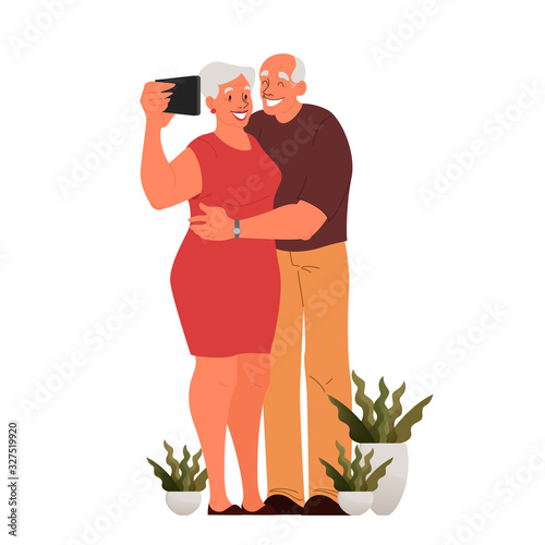 Old couple taking selfie together. Elderly characters taking photo