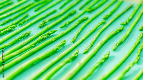 asparagus pattern  asparagus laid out on a green  aqua menthe background